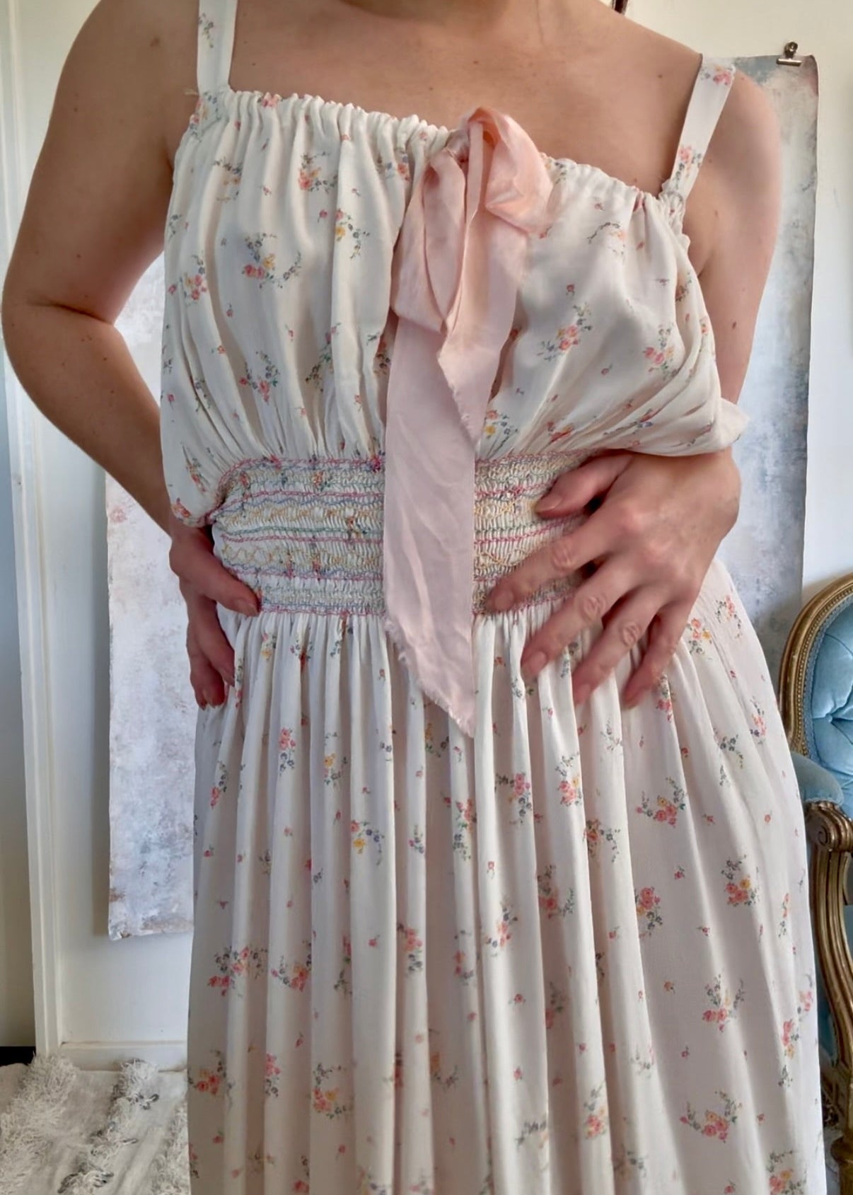 x SOLD x Dress 1930s White Floral Smocked Slip