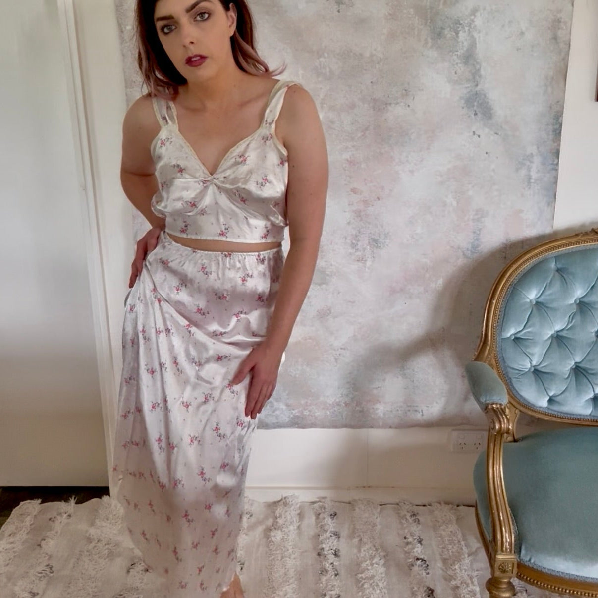 x SOLD x Set 1930s Floral Silk Slip Set