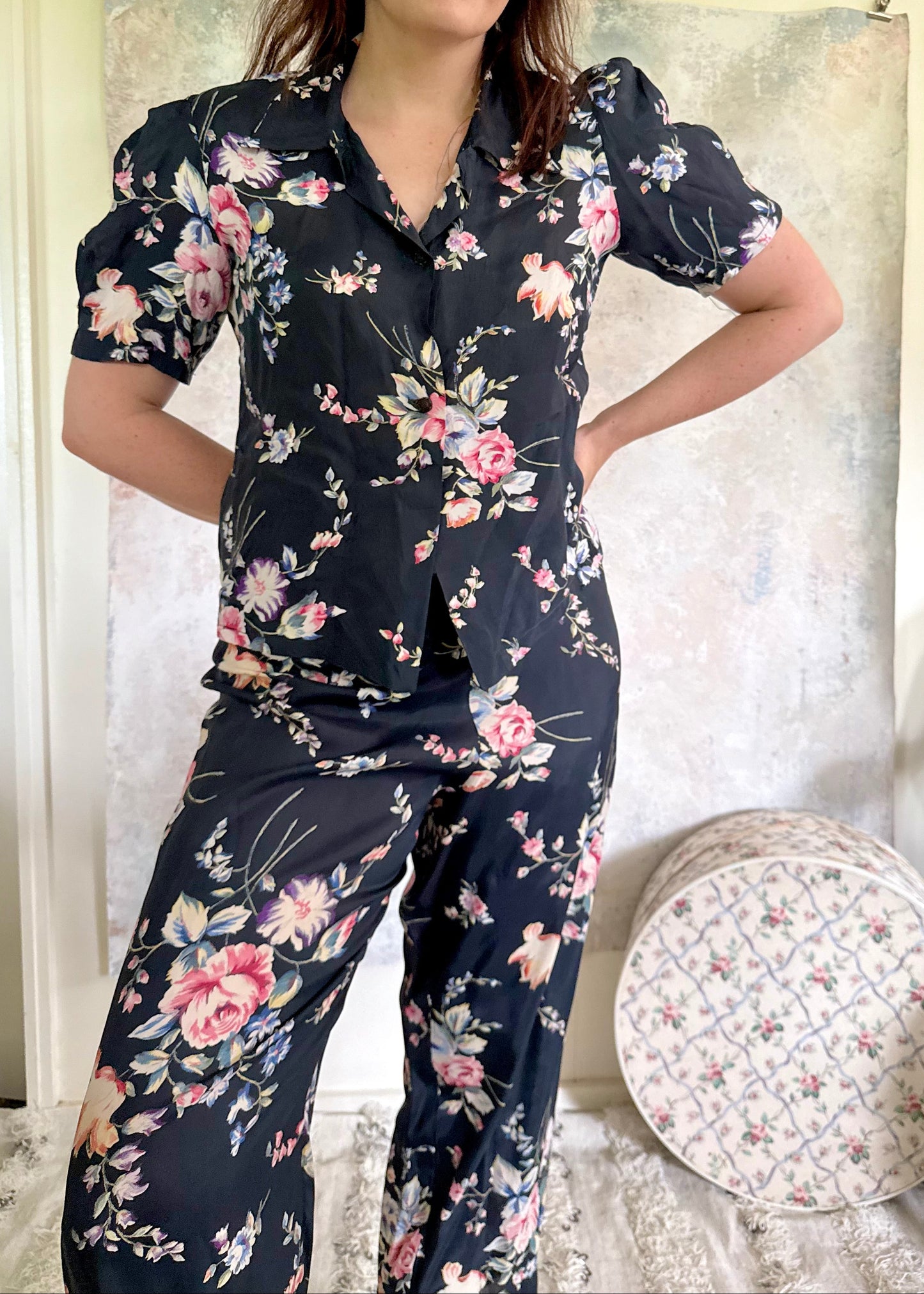 Set 1930s Floral Silk Pants Set