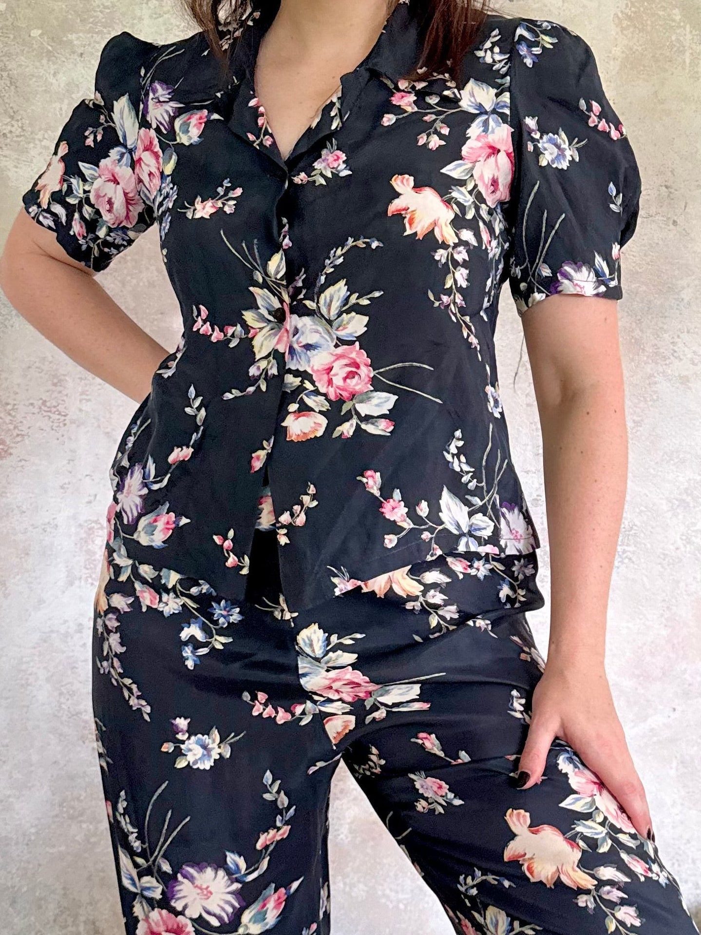 Set 1930s Floral Silk Pants Set