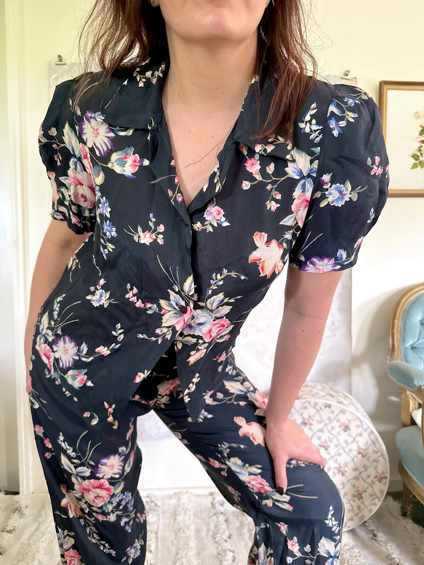 Set 1930s Floral Silk Pants Set