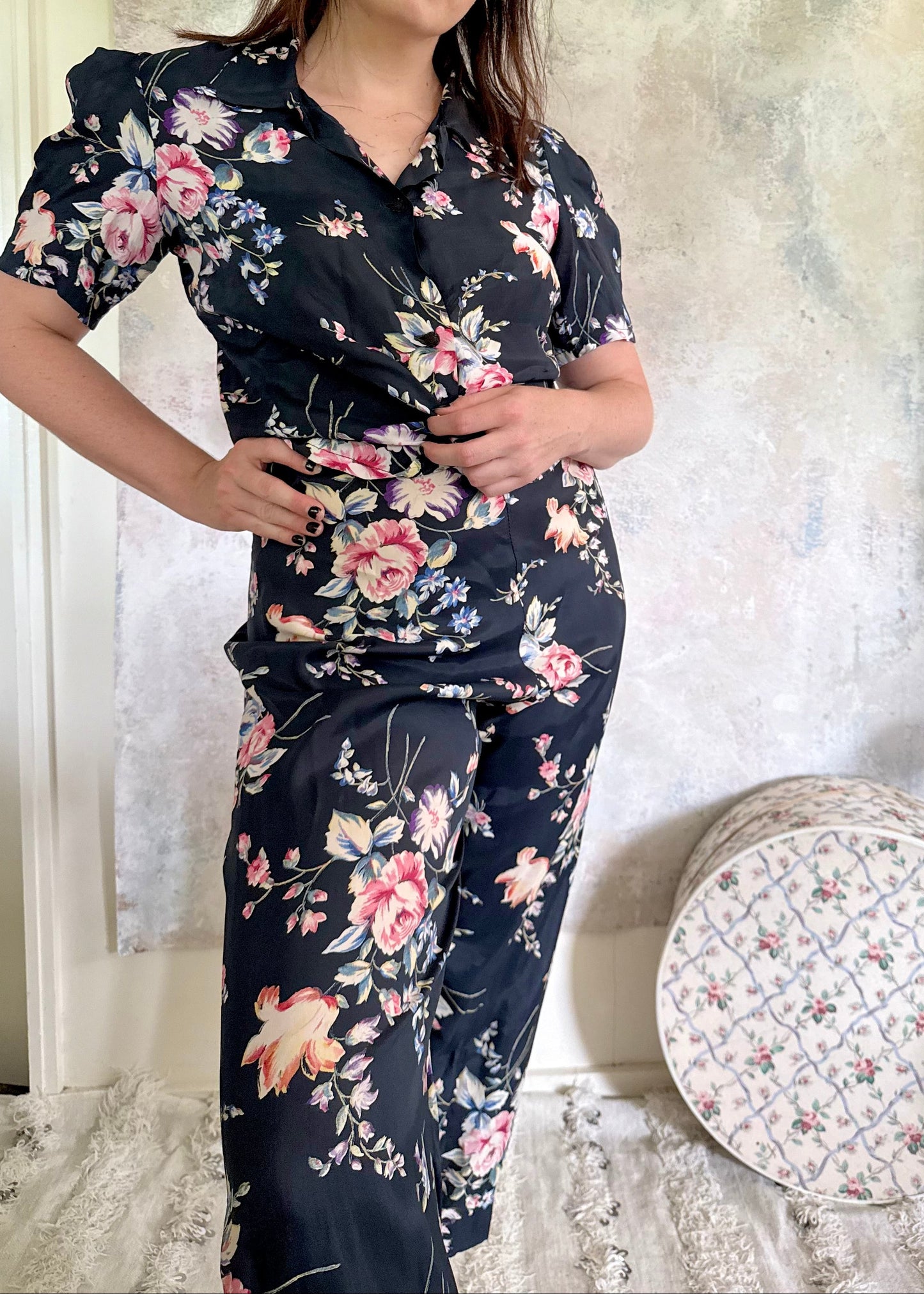 Set 1930s Floral Silk Pants Set