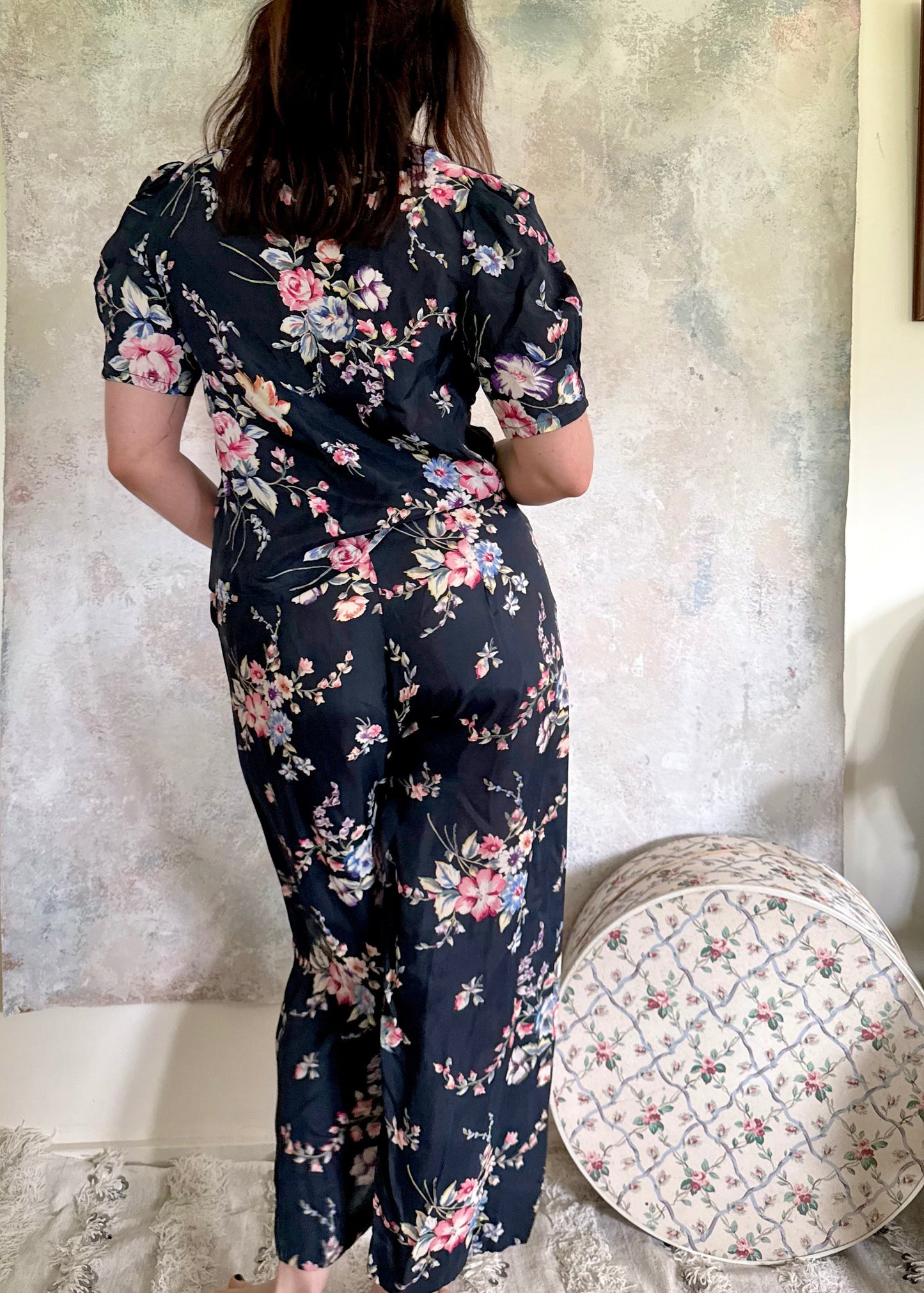 Set 1930s Floral Silk Pants Set