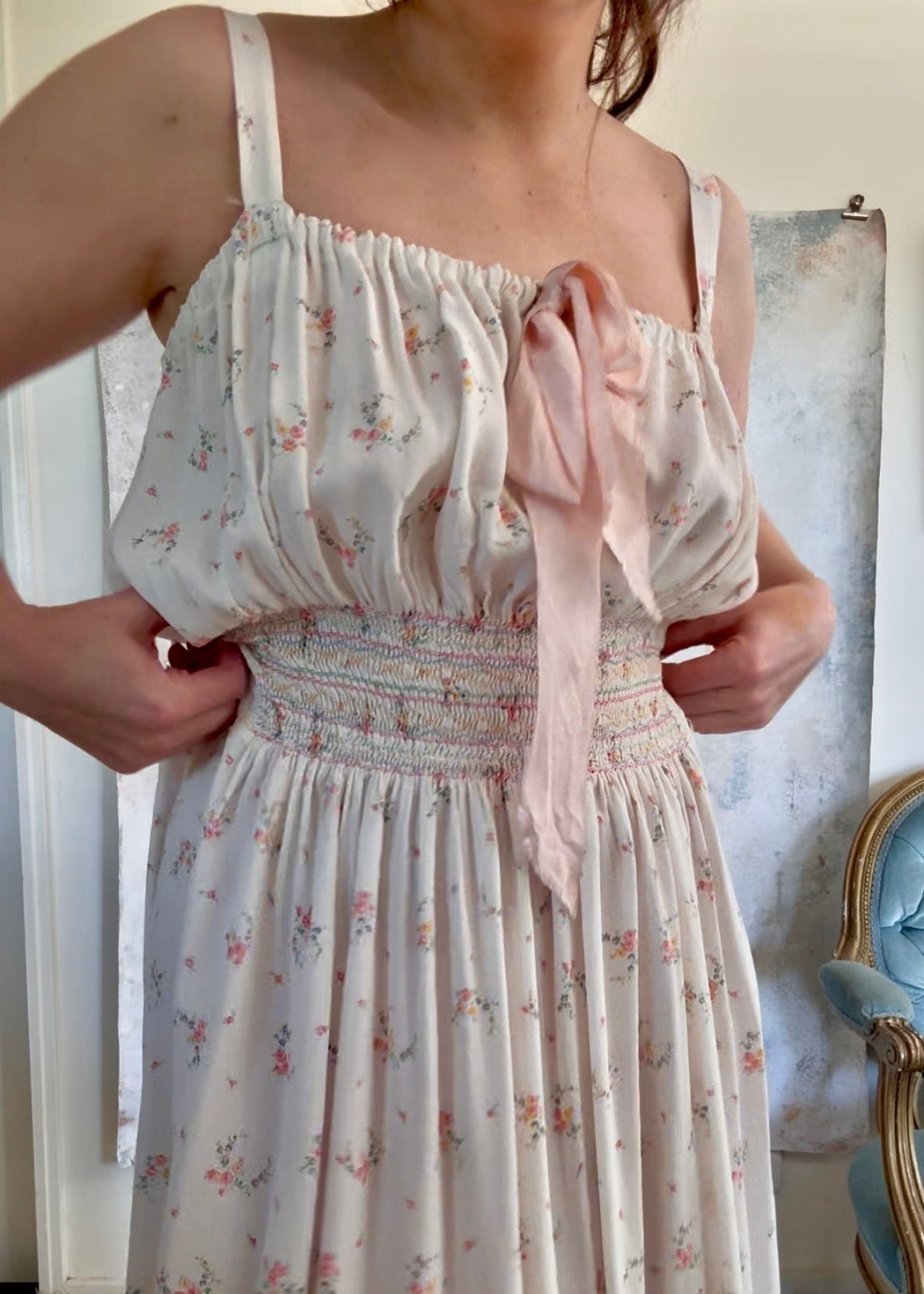 x SOLD x Dress 1930s White Floral Smocked Slip