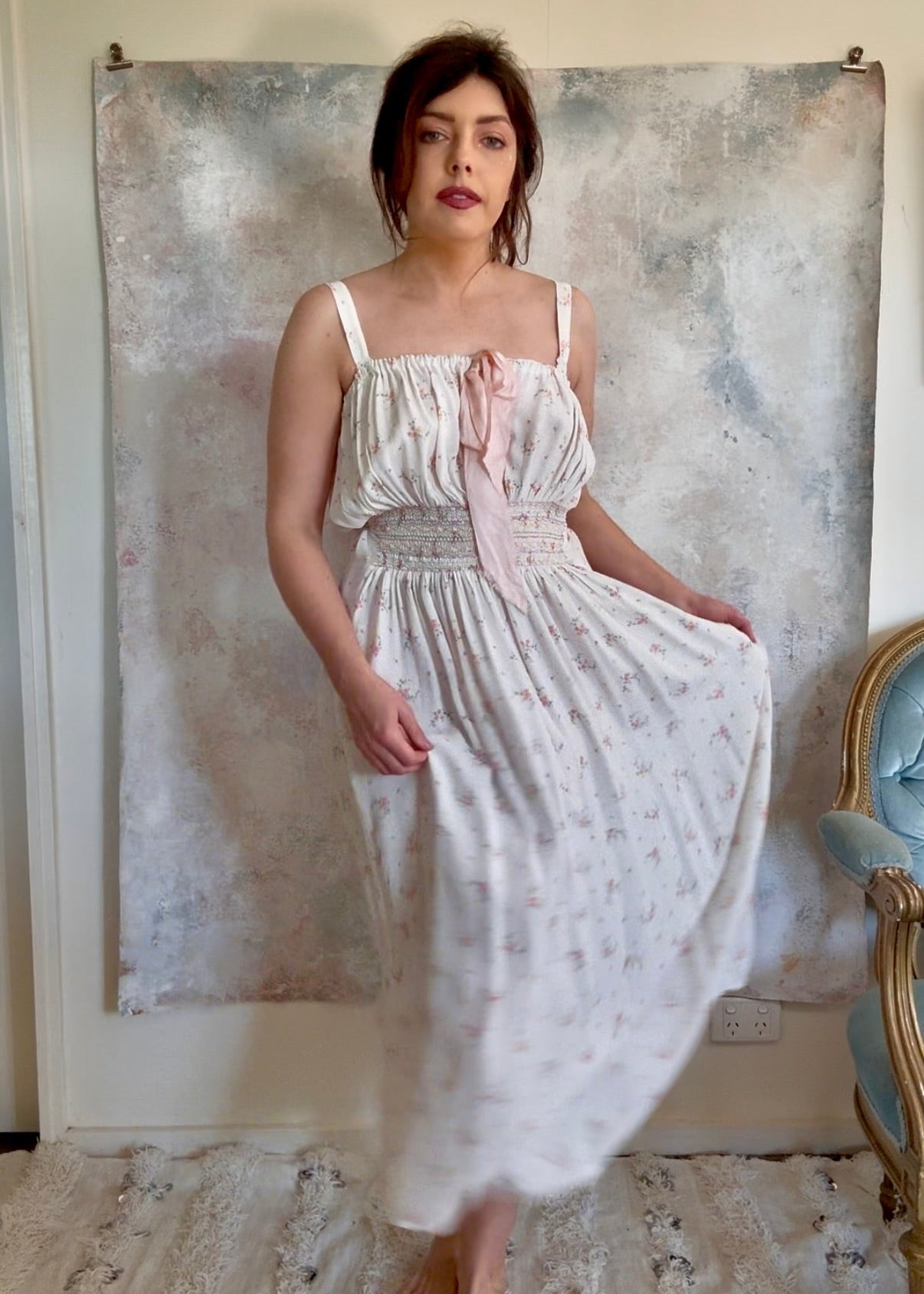 x SOLD x Dress 1930s White Floral Smocked Slip