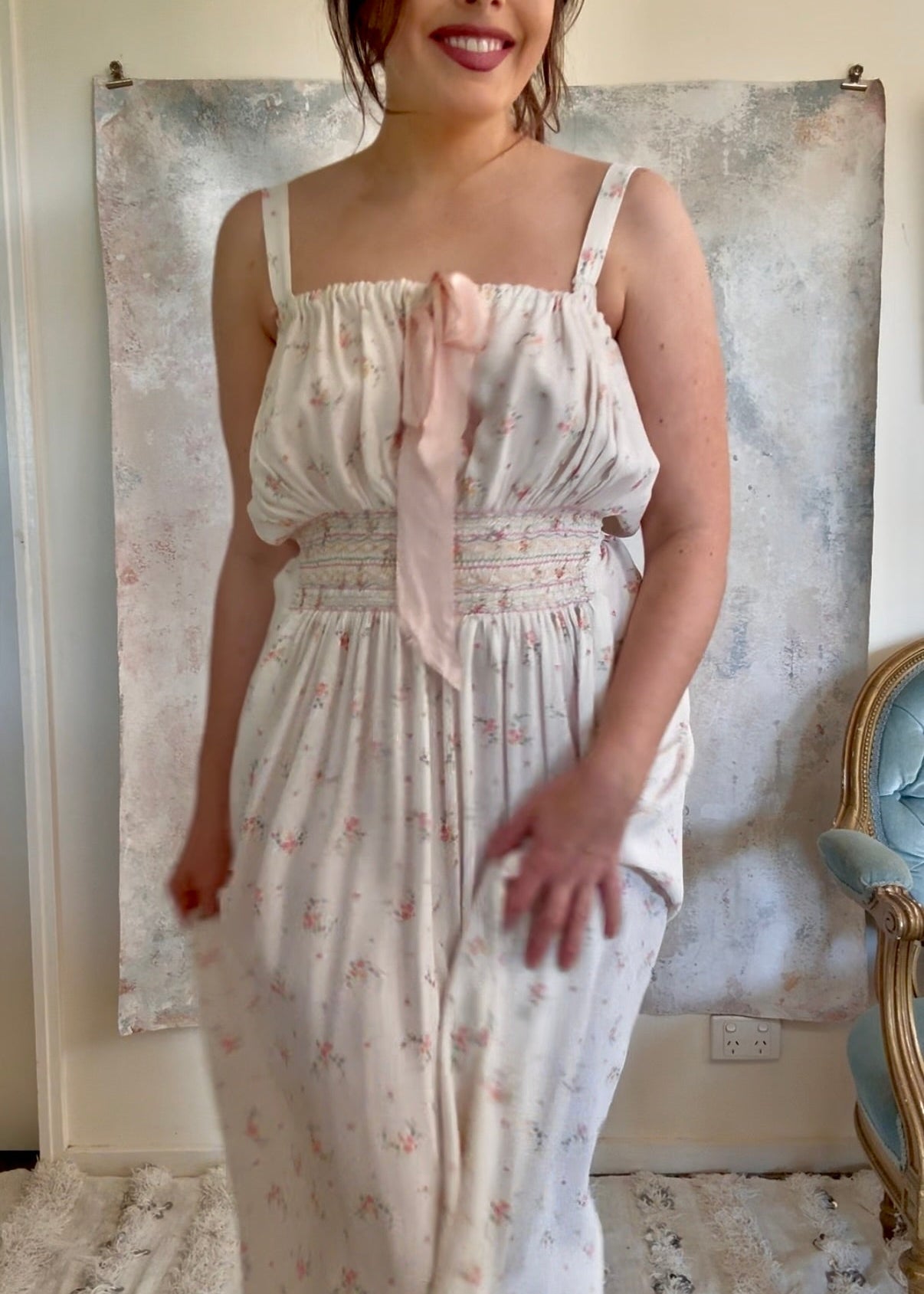 x SOLD x Dress 1930s White Floral Smocked Slip