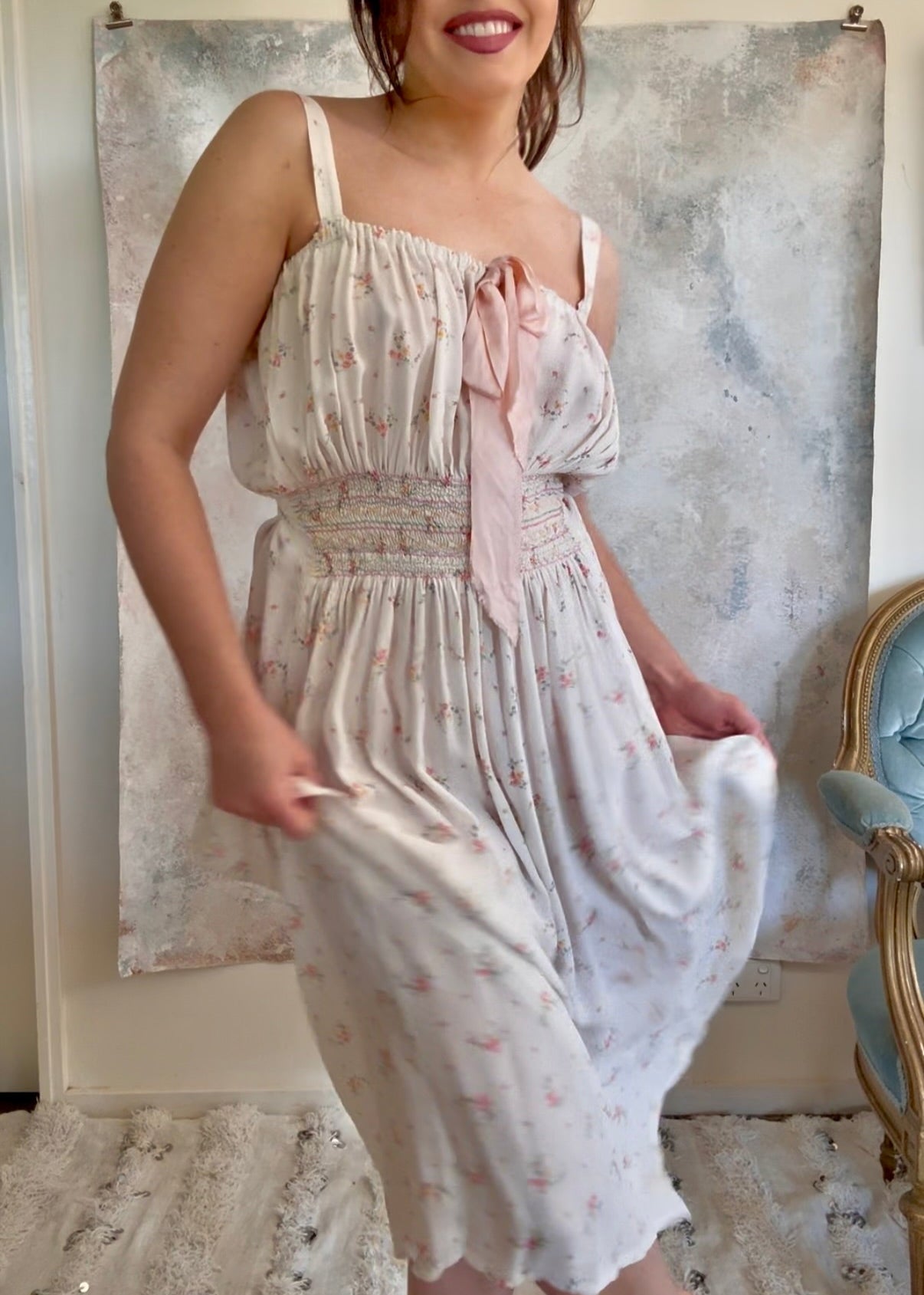 x SOLD x Dress 1930s White Floral Smocked Slip
